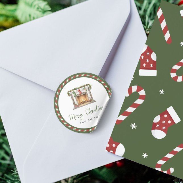 Merry Christmas - Watercolor Christmas fireplace Classic Round Sticker (Creator Uploaded)