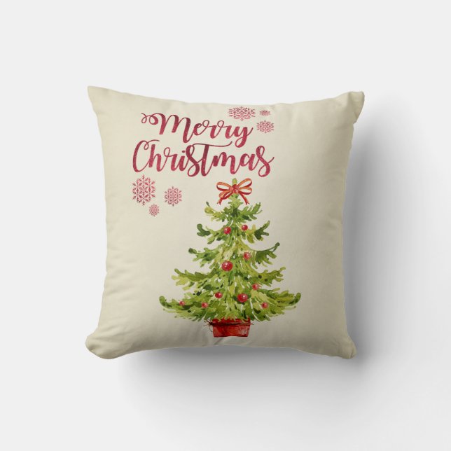 Merry Christmas,Watercolor Christmas Tree Cushion (Front)