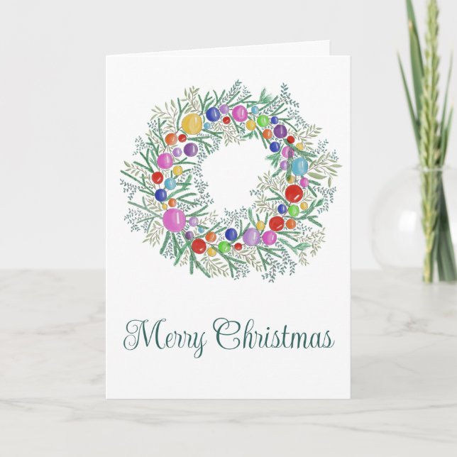 Merry Christmas, watercolor Christmas wreath Holiday Card (Front)