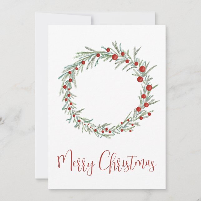 Merry Christmas, watercolor Christmas wreath Holiday Card (Front)