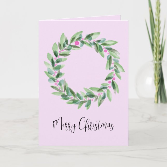 Merry Christmas, watercolor Christmas wreath  Holiday Card (Front)