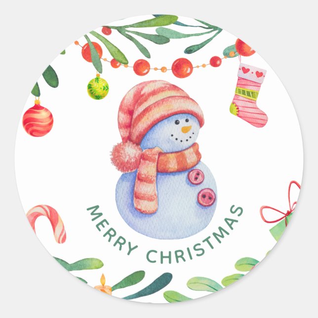 Merry Christmas. Watercolor cute holiday snowman  Classic Round Sticker (Front)
