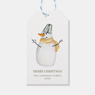 Merry Christmas. Watercolor cute snowman. Holiday Gift Tags