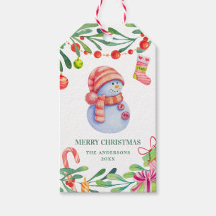 Merry Christmas. Watercolor cute snowman. Holiday Gift Tags