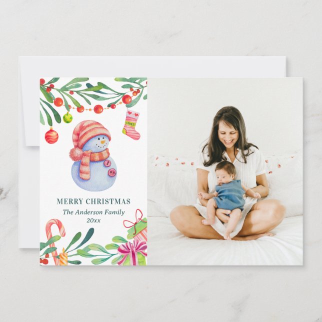 Merry Christmas. Watercolor cute snowman photo Holiday Card (Front)