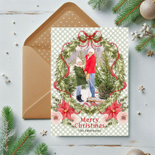 Merry Christmas Watercolor Floral Bow Family Photo Holiday Card