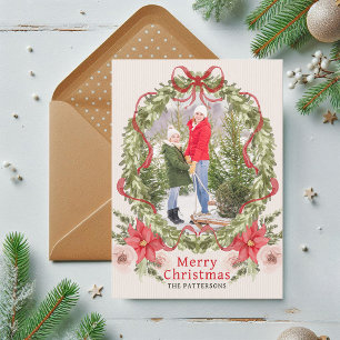 Merry Christmas Watercolor Floral Bow Family Photo Holiday Card