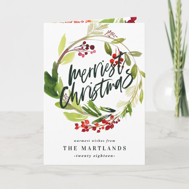 Merry Christmas watercolor floral photo Holiday Card (Front)