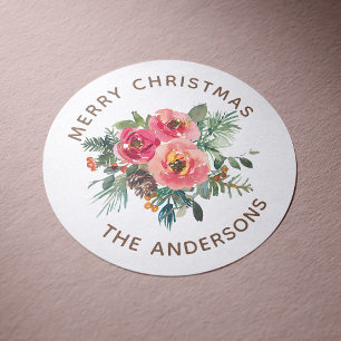 Merry Christmas   Watercolor Floral Winter Holiday Classic Round Sticker