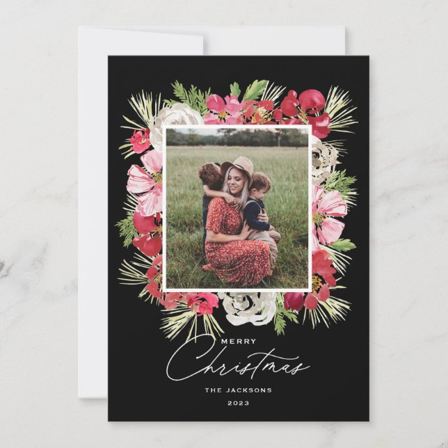 Merry Christmas Watercolor Flower Frame Black Holiday Card (Front)