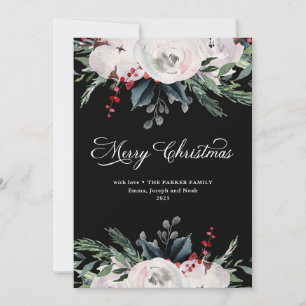 Merry Christmas Watercolor Flowers on Black Holiday Card
