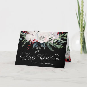 Merry Christmas   Watercolor Flowers on Black Holiday Card
