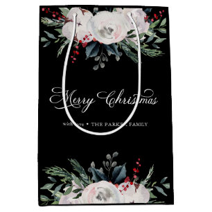 Merry Christmas Watercolor Flowers on Black Medium Gift Bag