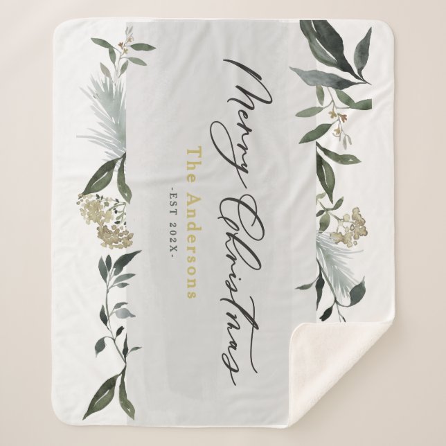Merry Christmas watercolor foliage Christmas  Sherpa Blanket (Front)