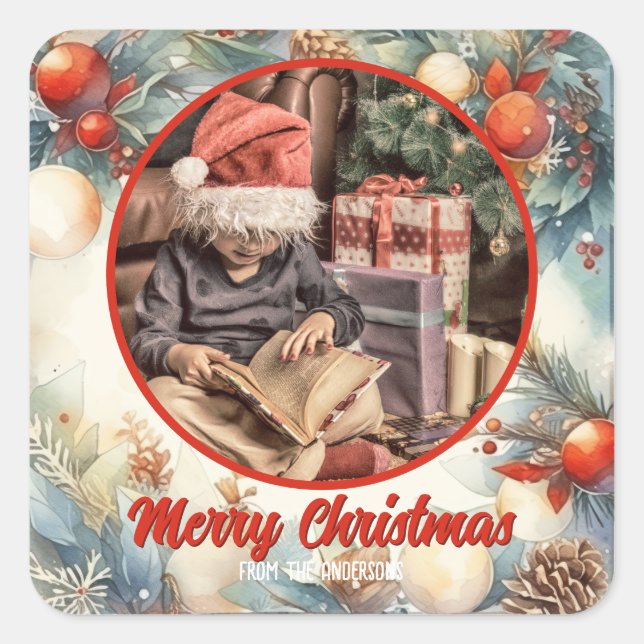 Merry Christmas Watercolor Foliage Greenery Photo Square Sticker (Front)