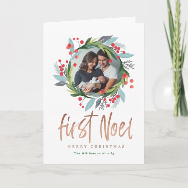 Merry Christmas | Watercolor Foliage Photo Wreath Holiday Card (Front)