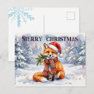 Merry Christmas Watercolor Fox Holiday Postcard