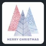 Merry Christmas. Watercolor geometric winter tree Square Sticker<br><div class="desc">"Merry Christmas" sticker with watercolor geometric winter tree in blue pink and purple colours for holiday gift. Please contact me if you need additional items.</div>
