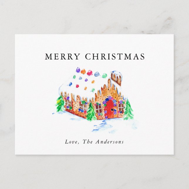 Merry Christmas Watercolor Gingerbread House Art  Holiday Postcard (Front)