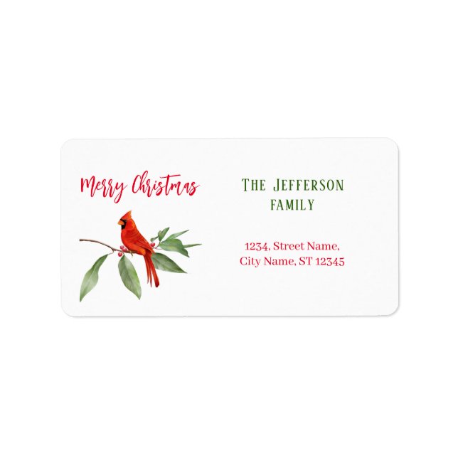 Merry Christmas Watercolor Green Red Cardinal Bird Label (Front)