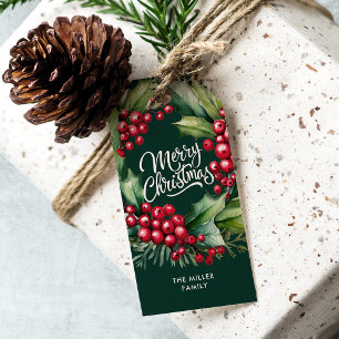 Merry Christmas Watercolor Greenery Berry Wreath Gift Tags
