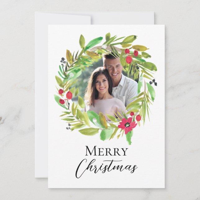 Merry Christmas Watercolor Greenery Couple Photo Holiday Card (Front)
