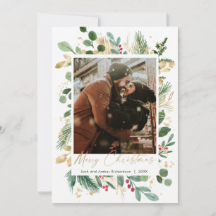 Merry Christmas watercolor greenery gold red holly