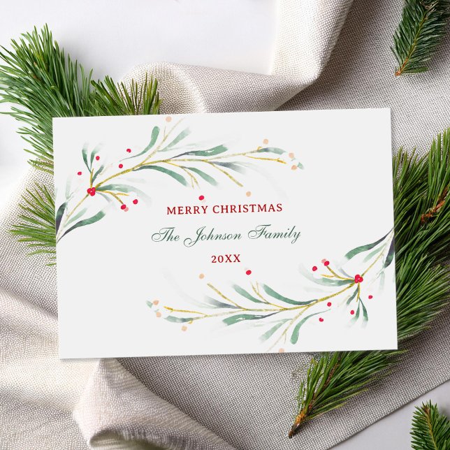 Merry Christmas Watercolor Greenery Non-Photo Holiday Card (Creator Uploaded)
