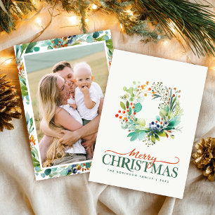 Merry Christmas Watercolor Greenery Photo Holiday Card