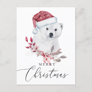 Merry Christmas. Watercolor holiday polar bear Postcard