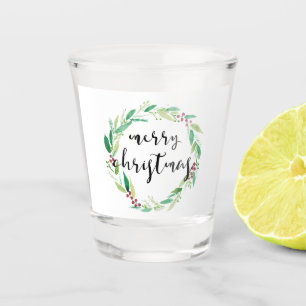 Merry Christmas Watercolor Holiday Wreath Chic Shot Glass