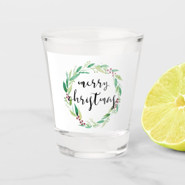 Merry Christmas Watercolor Holiday Wreath Chic Shot Glass (Front)