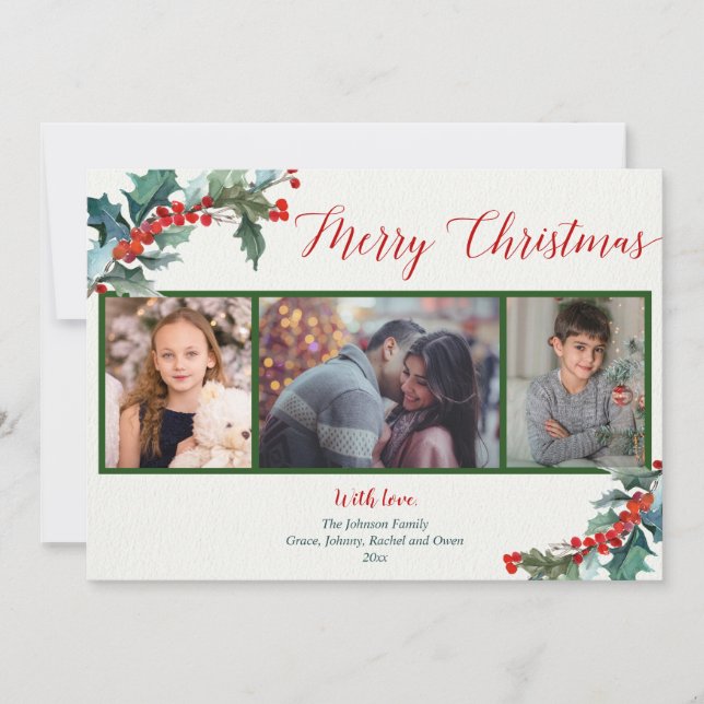 Merry Christmas watercolor holly 3 photo card (Front)