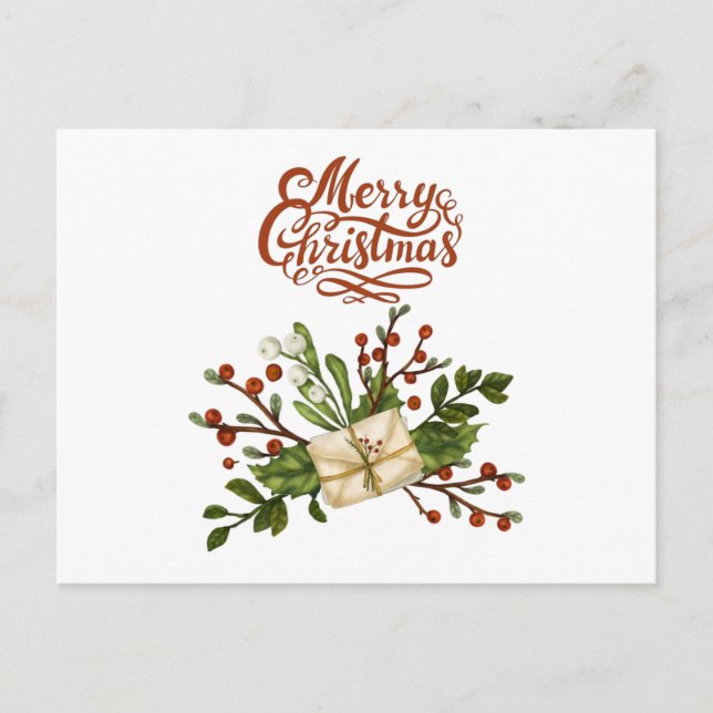 Merry Christmas Watercolor Holly Berry and Letters Postcard (Front)