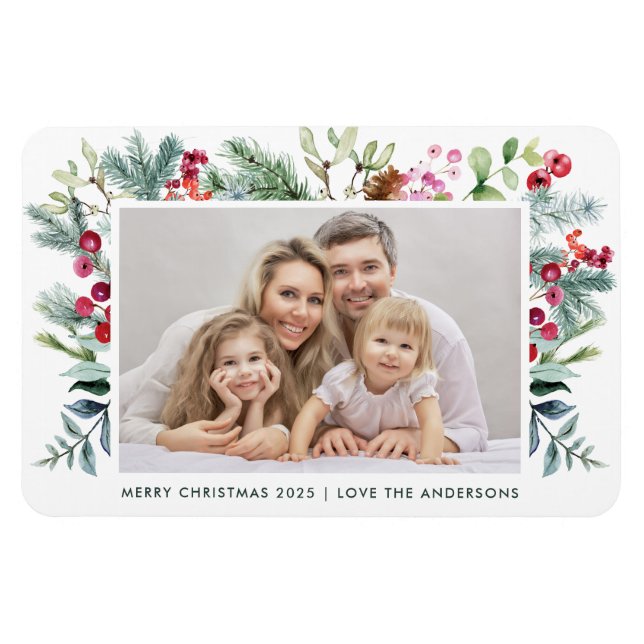 Merry Christmas Watercolor Holly Berry Photo  Magnet (Horizontal)