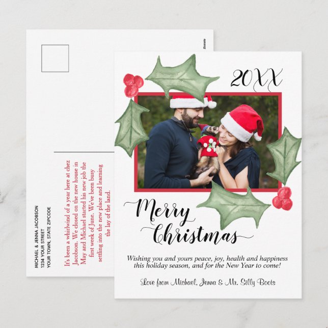 Merry Christmas Watercolor Holly Leaves with Photo Holiday Postcard (Front/Back)