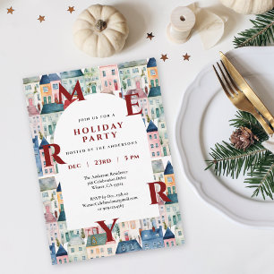 Merry Christmas Watercolor Houses Holiday Party Invitation