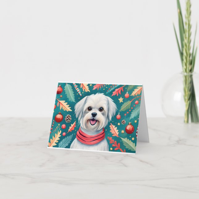 Merry Christmas Watercolor Maltese Dog Christmas Holiday Card (Front)