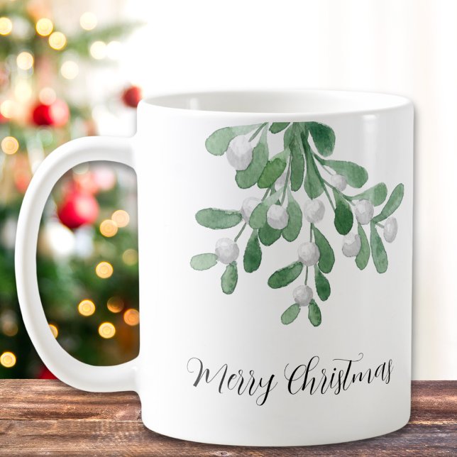 Merry Christmas Watercolor Mistletoe Greenery Coffee Mug (Creator Uploaded)