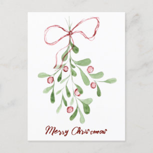 Merry Christmas Watercolor Mistletoe Holiday Postcard