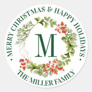 Merry Christmas   Watercolor Monogram Wreath Classic Round Sticker