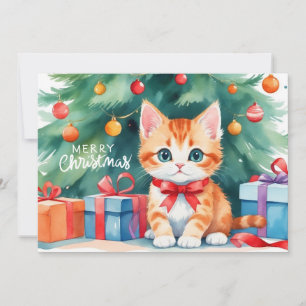 Merry Christmas Watercolor Orange Kitten  Holiday Card