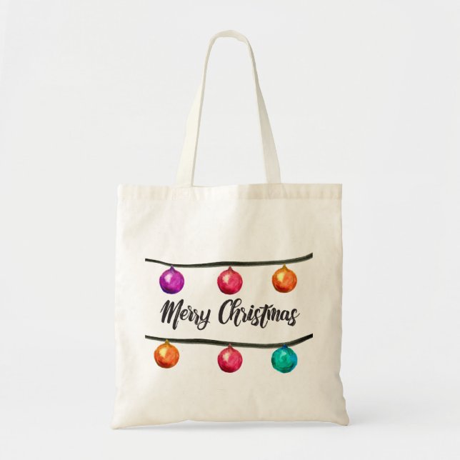 Merry Christmas Watercolor Ornament Balls Tote Bag (Front)