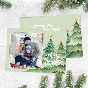 Merry Christmas Watercolor Photo Christmas Trees Holiday Card