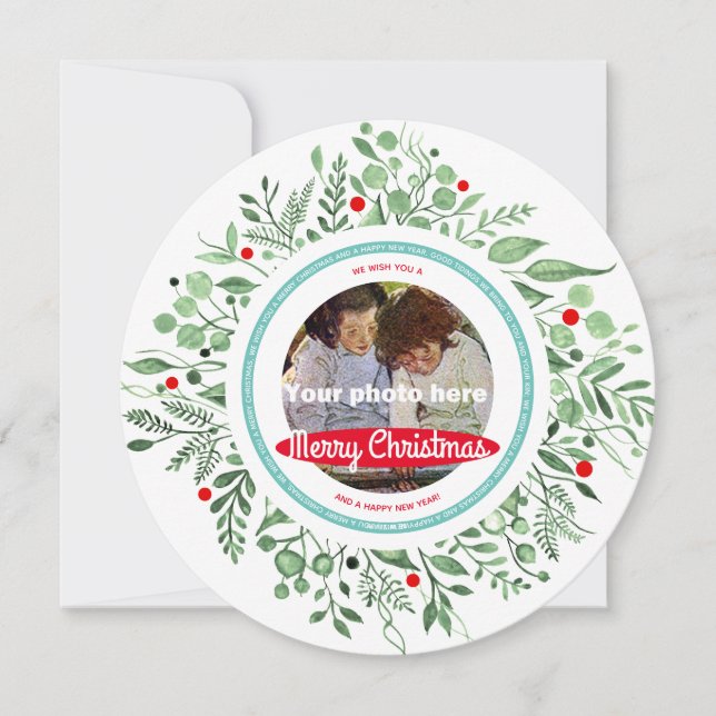 Merry Christmas Watercolor Photo Wreath Holiday Card (Front)