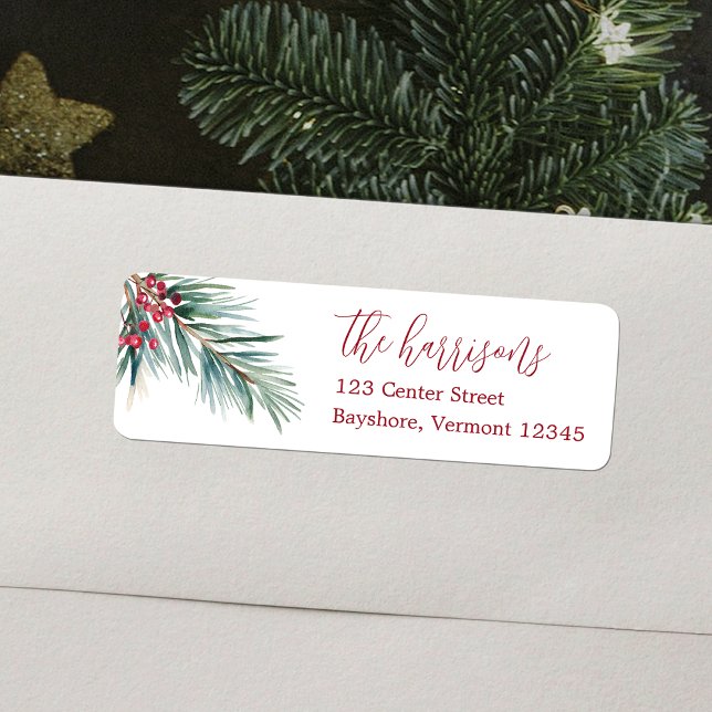 Merry Christmas Watercolor Pine and Berries (Merry Christmas Watercolor Pine and Berries Label)