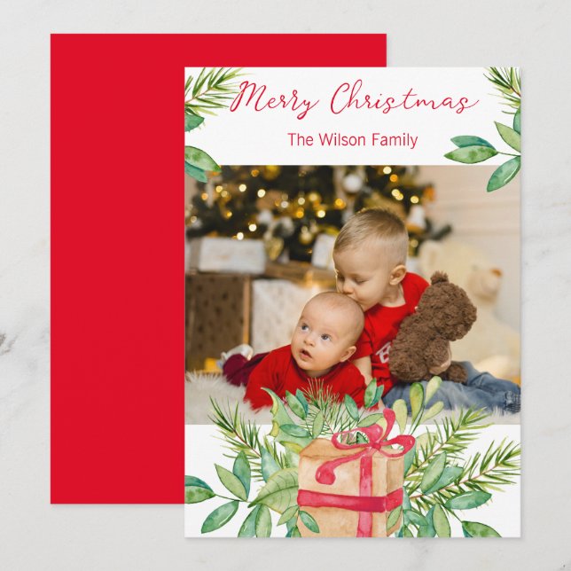 Merry Christmas Watercolor Pine Family Photo Card (Front/Back)