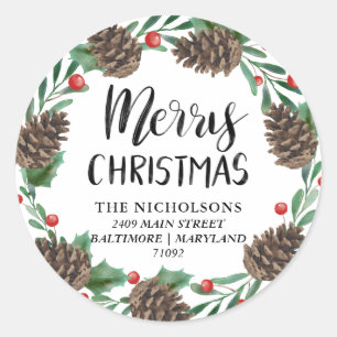 Merry Christmas   Watercolor Pinecones Address Classic Round Sticker