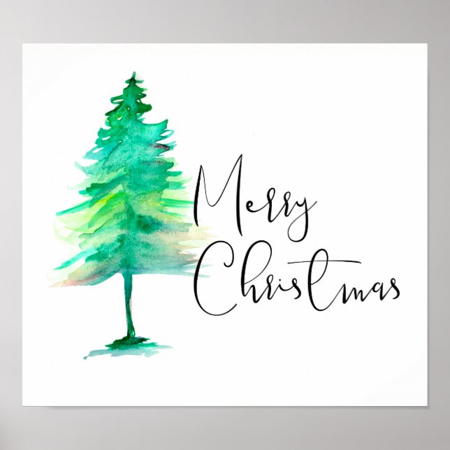 Merry Christmas, Watercolor Pinetree, Script Poster (Front)