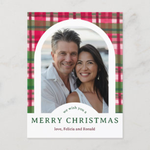 MERRY CHRISTMAS Watercolor Plaid CUSTOM Arch PHOTO Postcard